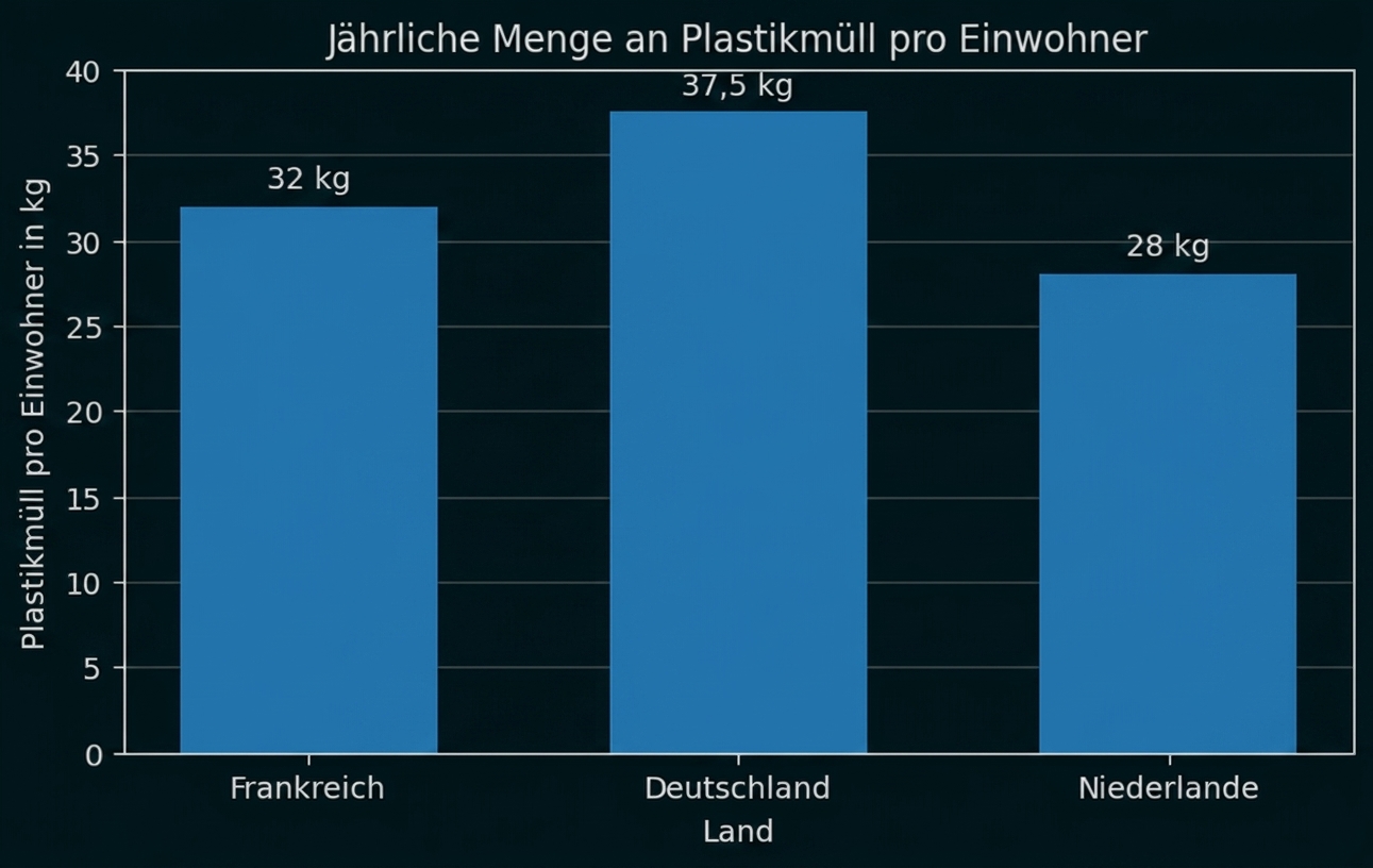 Balkendiagramm zum jährlichen Plastikmüll pro Einwohner in Frankreich, Deutschland und den Niederlanden.